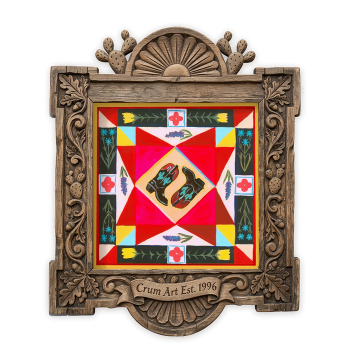 Cowboy Boots Quilt Square — quilt art print of Caya Crum's cowboy boots painting, in a carved wood frame