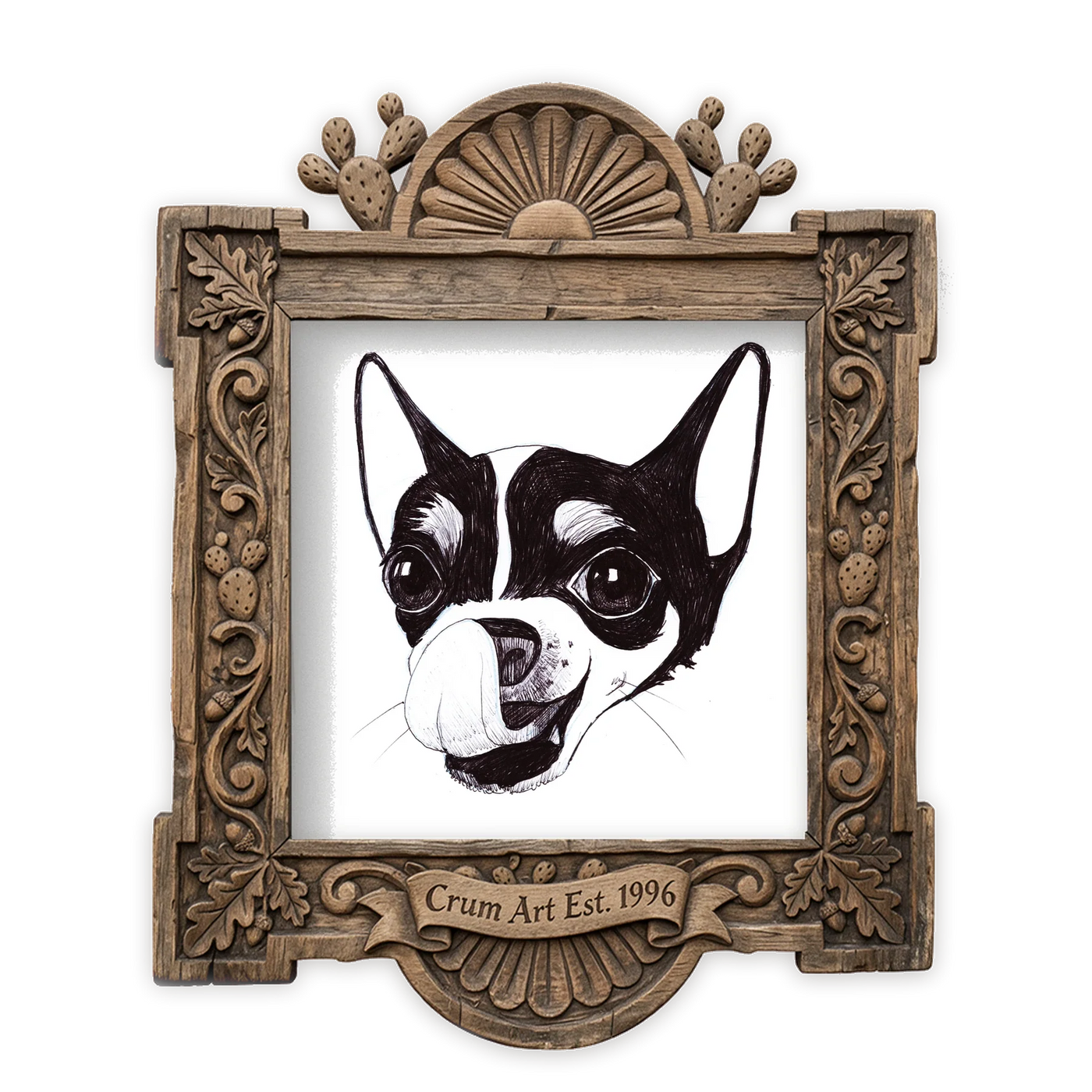 Chihuahua Pen & Ink — dog art print by Caya Crum in a square carved wood frame