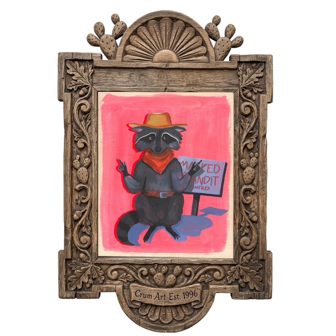 Raccoon Bandit — weirdcore art print by Caya Crum in a carved wood frame