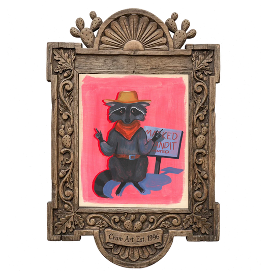 Raccoon Bandit — weirdcore art print by Caya Crum in a carved wood frame
