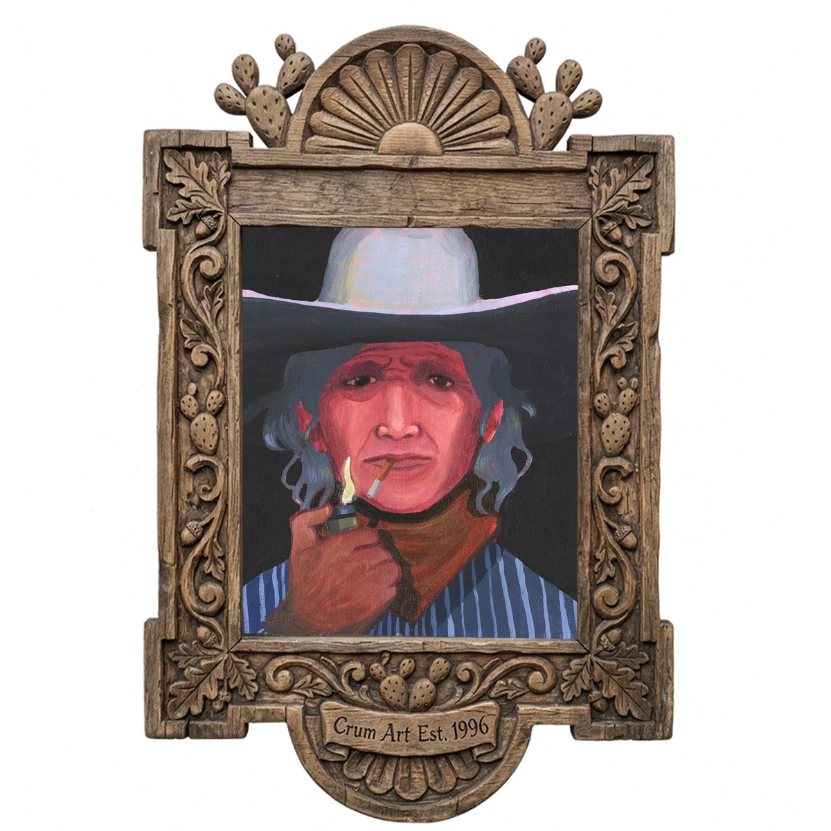 Jimmy James — cowboy art print by Caya Crum in a carved wood frame