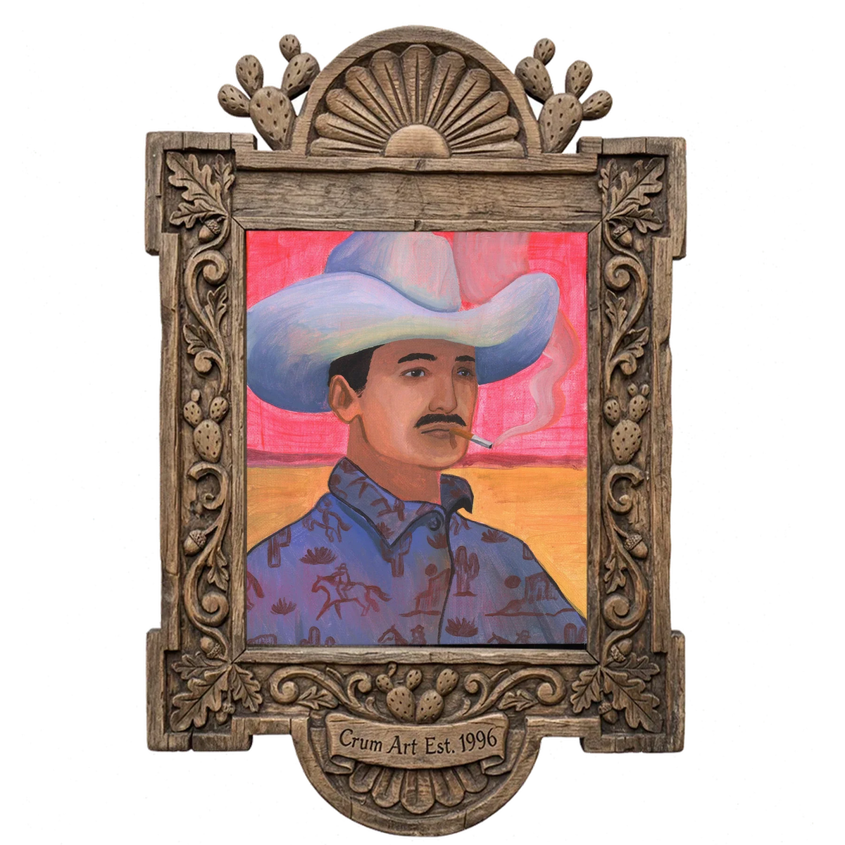 Maverick — cowboy art print by Caya Crum in a carved wood frame