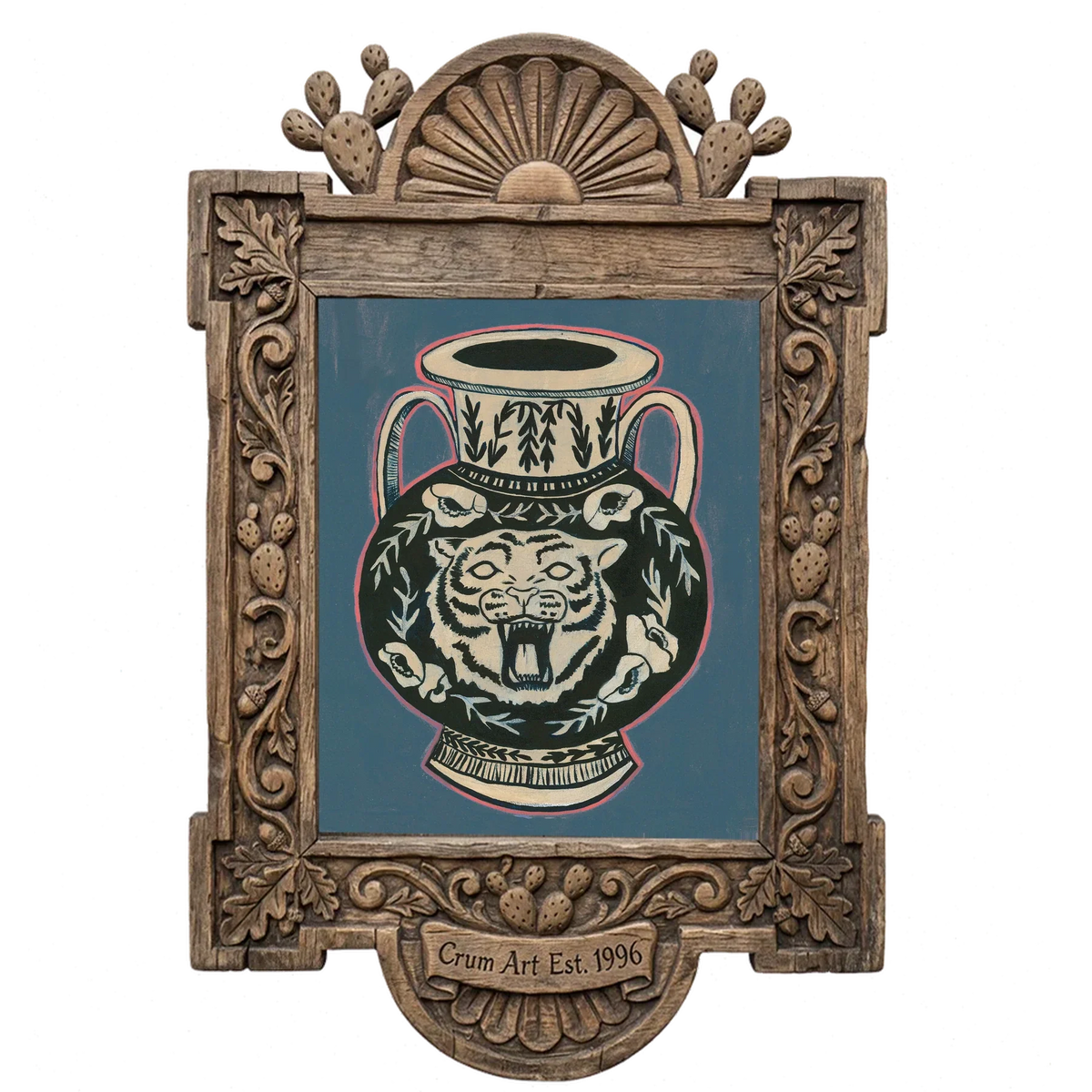 Amphora Slate Blue — tiger art print by Caya Crum in a carved wood frame
