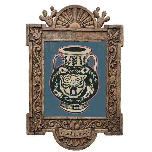 Amphora Slate Blue — tiger art print by Caya Crum in a carved wood frame
