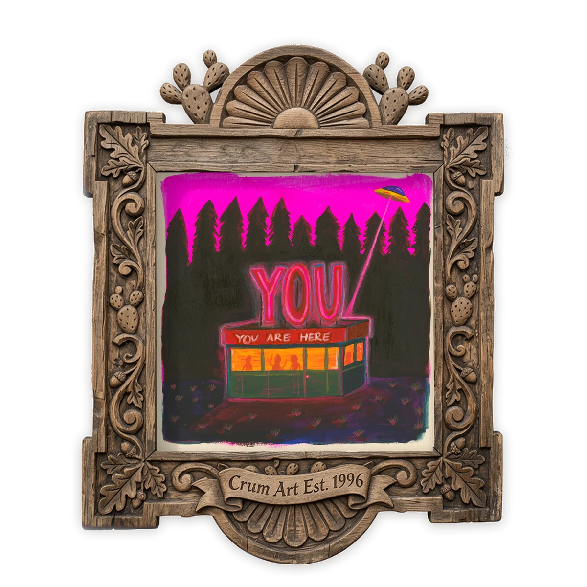 UFO Diner Hot Pink — weirdcore art print by Caya Crum in a square carved wood frame