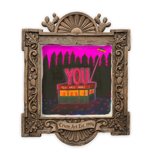 UFO Diner Hot Pink — weirdcore art print by Caya Crum in a square carved wood frame
