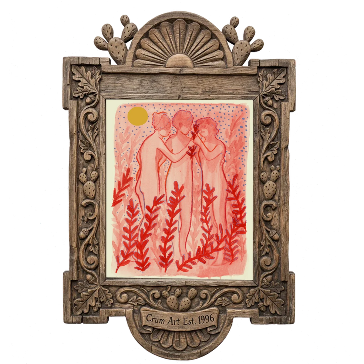 Greco Roman Dancing Maidens — pink wall art print by Caya Crum in a carved wood frame