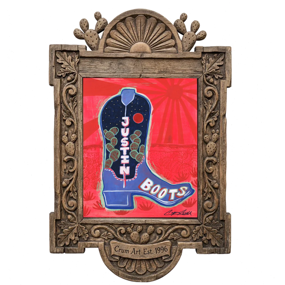 Justin Boot — cowboy boot art print by Caya Crum in a carved wood frame