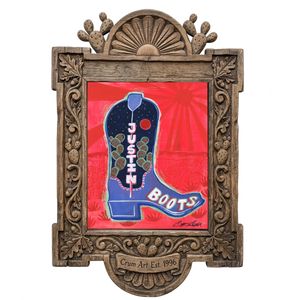 Justin Boot — cowboy boot art print by Caya Crum in a carved wood frame