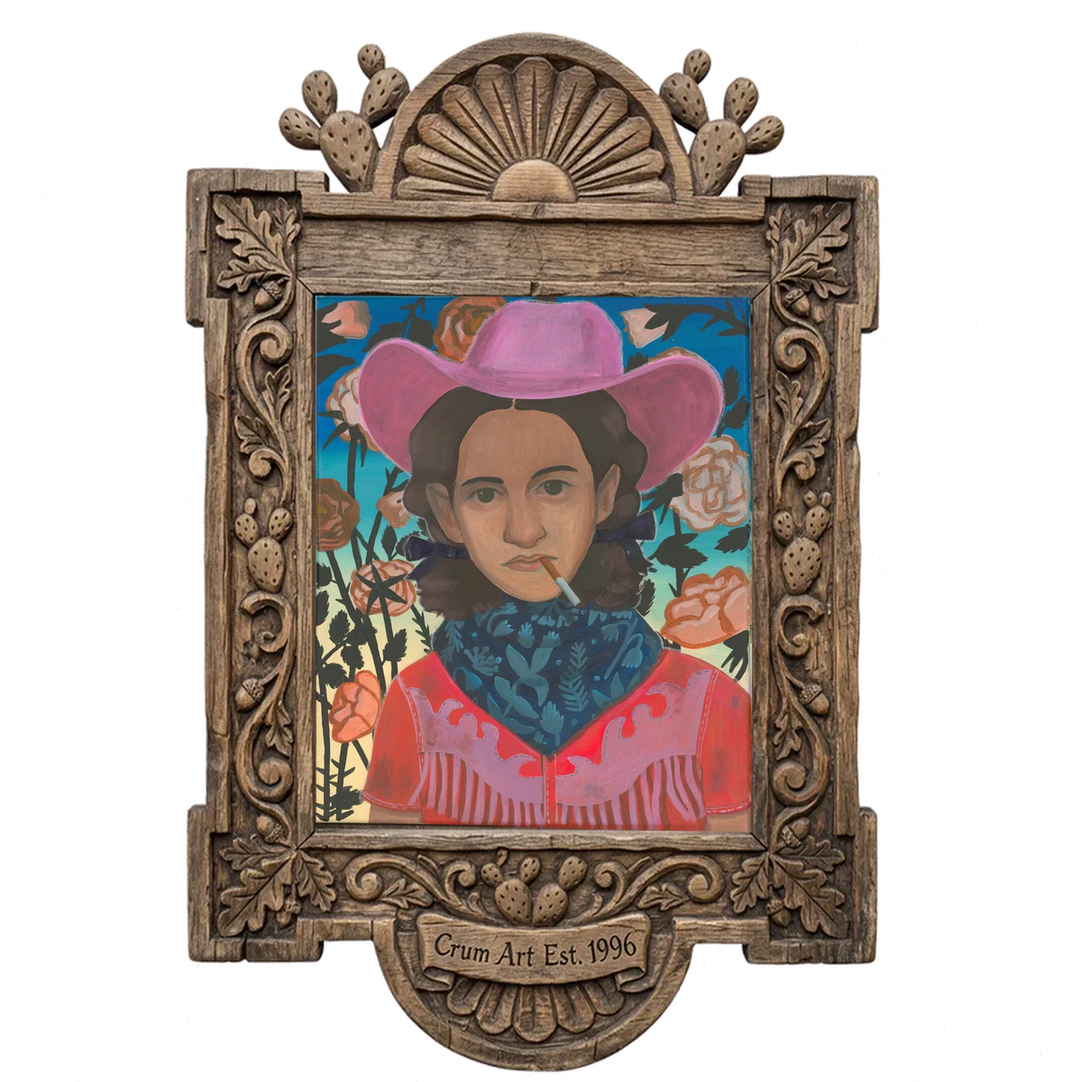 Mattie — cowgirl art print by Caya Crum in a carved wood frame