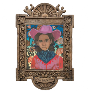 Mattie — cowgirl art print by Caya Crum in a carved wood frame