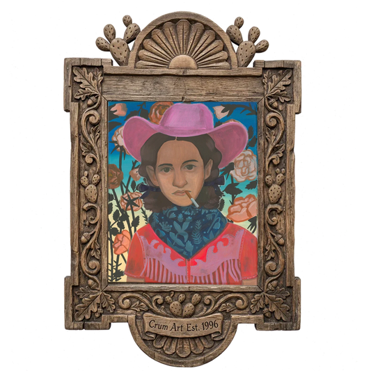 Mattie — cowgirl art print by Caya Crum in a carved wood frame