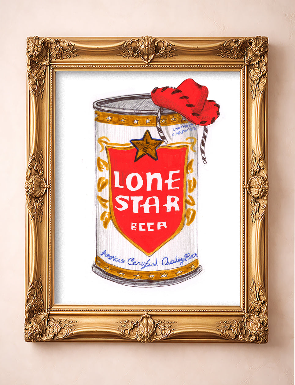 Lone Star beer can in a red cowboy hat art print by Caya Crum in a gold frame