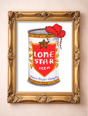 Lone Star beer can in a red cowboy hat art print by Caya Crum in a gold frame