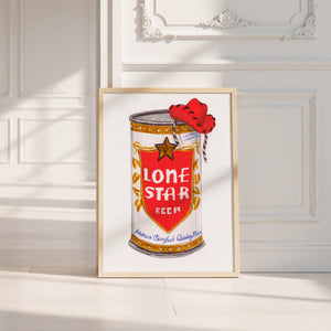 Lone Star beer art print by Caya Crum framed on a white wall