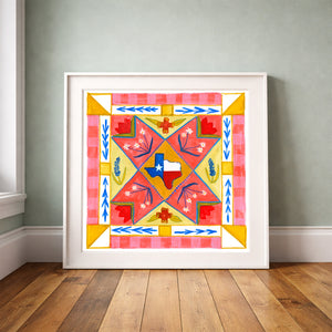 Bluebonnet Quilt Square print upright against a grey-green wall