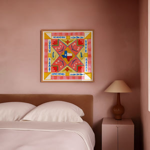 Bluebonnet Quilt Square framed in a room scene — Texas wall art by Caya Crum