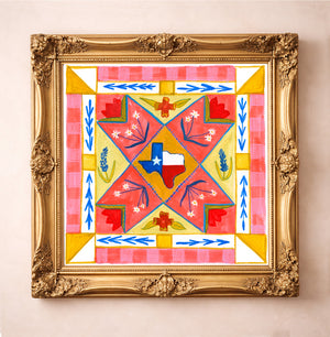 Bluebonnet Quilt Square art print in a square gold frame — Texas folk art by Caya Crum
