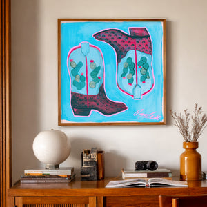 Cactus Art Print – Prickly Pear Cowboy Boots Blue Western Wall Art | Caya Crum