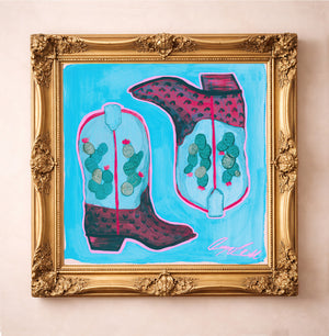 Cactus Art Print – Prickly Pear Cowboy Boots Blue Western Wall Art | Caya Crum