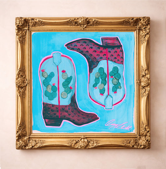 Cactus Art Print – Prickly Pear Cowboy Boots Blue Western Wall Art | Caya Crum
