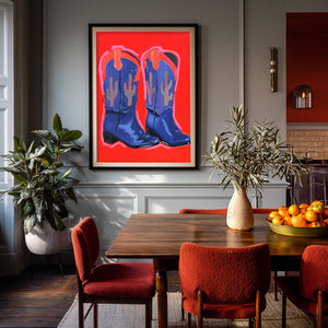 Cactus Art Print – Saguaro Cowboy Boots Blue Red Western Wall Art | Caya Crum
