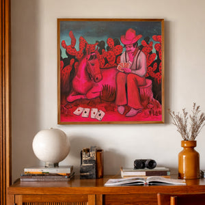 Cactus Art Print –  Card Player With Horse -  Hot Pink Prickly Pear Desert Western Wall Art | Caya Crum