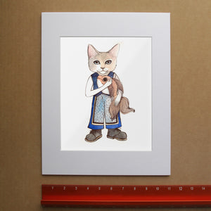 Frankie Fish Cat watercolor illustration — cat hugging a goldfish, maximalist cat art by Caya Crum