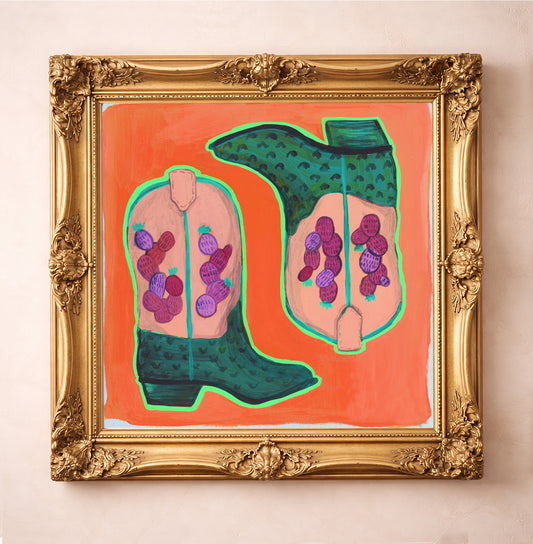 Cactus Art Print – Prickly Pear Cowboy Boots Orange Western Wall Art | Caya Crum