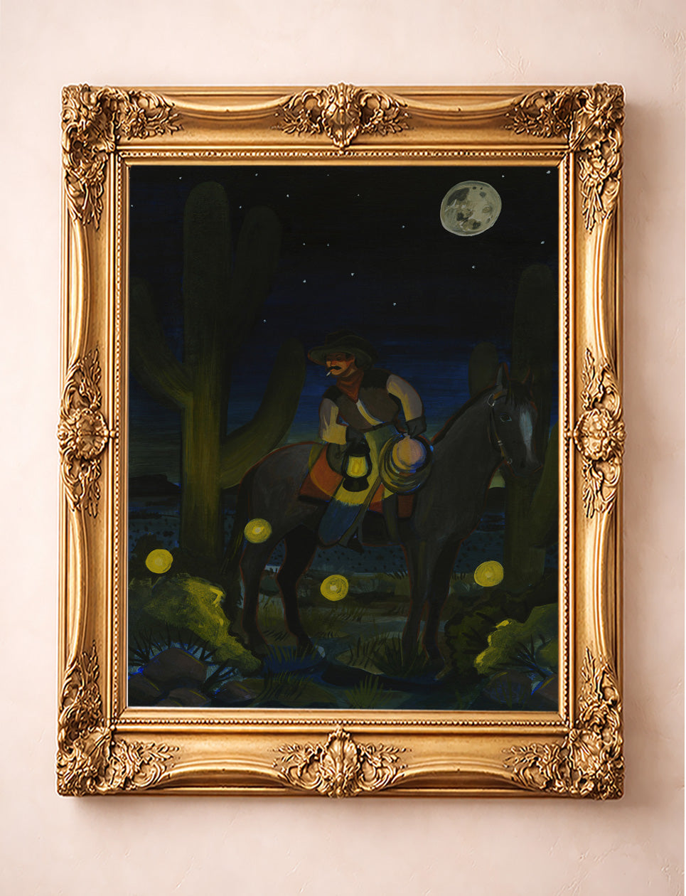 Cactus Art Print – Cosmic Saguaro Cowboy and His Horse With Desert Fireflies Western Wall Art | Caya Crum