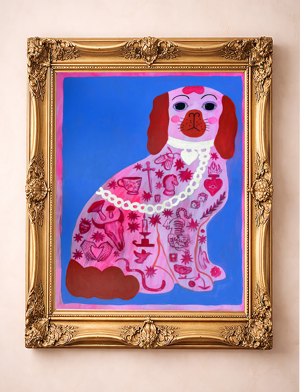 Pink dog tattoo art print by Caya Crum framed in gold.