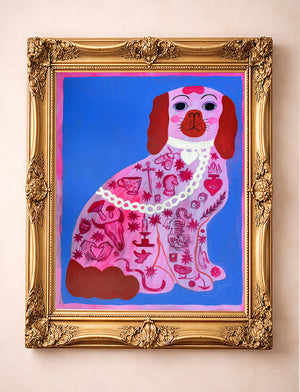 Pink dog tattoo art print by Caya Crum framed in gold.