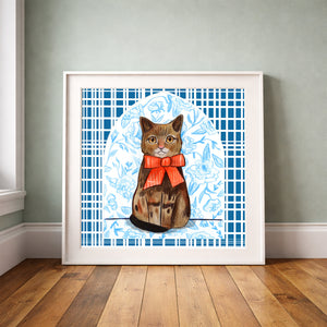 Suki Chinoiserie cat print upright against a grey-green wall