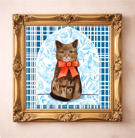 Suki Chinoiserie cat art print in a square gold frame by Caya Crum