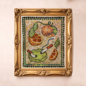 Cigarettes & Oranges Mosaic Greco-Roman art print by Caya Crum — framed vertical Gold Frame.