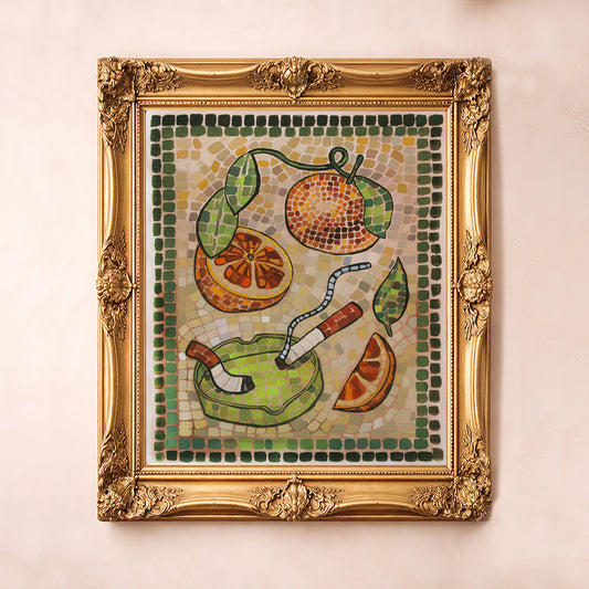 Cigarettes & Oranges Mosaic Greco-Roman art print by Caya Crum — framed vertical Gold Frame.
