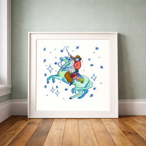 Horse Magic cowboy print by Caya Crum framed upright against a grey-green wall