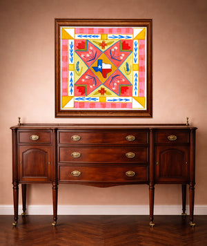 A Texas quilt square painted with bluebonnets and a Texas flag motif — folk art by Caya Crum