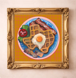 Texas Breakfast Waffle art print in a square gold frame — a Texas-shaped waffle with bacon