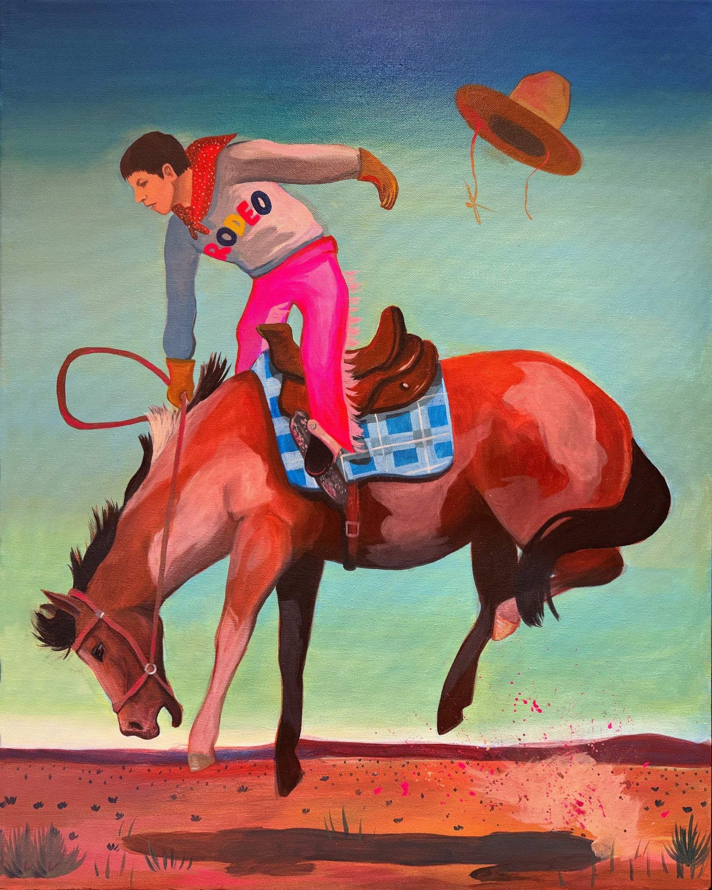Bronco cowboy print of bronc rider mid-buck with flying hat against desert sky by Caya Crum