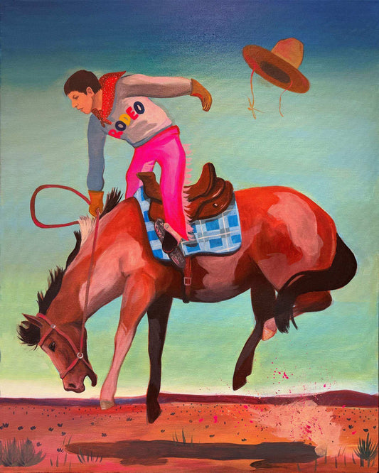 Bronco cowboy print artwork of a rodeo rider on bucking horse with flying hat by Caya Crum