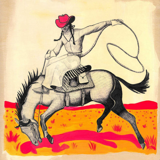 Bronco Cowgirl Lasso Print by Caya Crum featuring a cowgirl in a red hat riding a bucking horse with a lasso, western decor wall art.