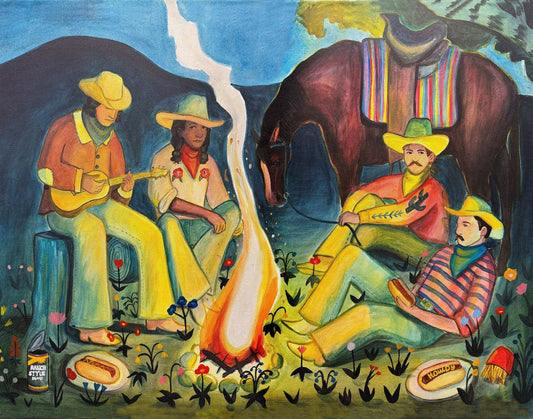 Campfire Cowboys Print western art with cowboys, campfire, horse, and colorful landscape by Caya Crum on cotton rag paper