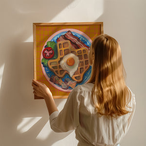 A Texas-shaped waffle with an egg over easy and bacon — framed kitchen wall art by Caya Crum
