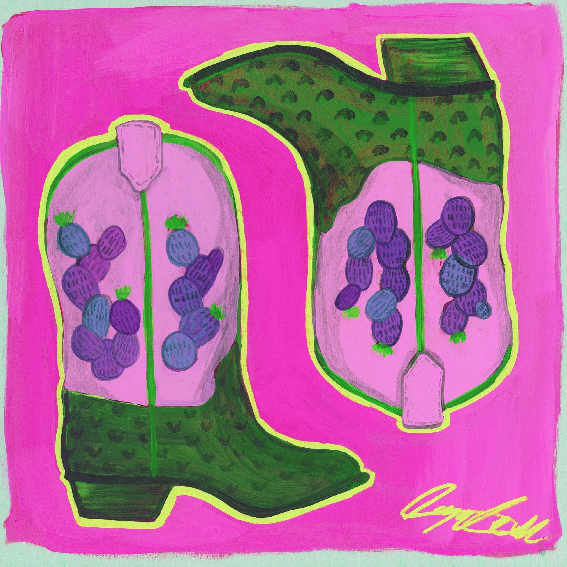 Cactus Boots - Purple & Green Print | Western Decor | Caya Crum Art