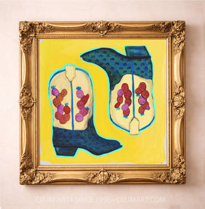 Prickly Pear Cowboy Boots Yellow art print in a gold frame by Caya Crum — square cactus art from Crum Art, available at crumart.com. This museum quality print is made right here in Texas.