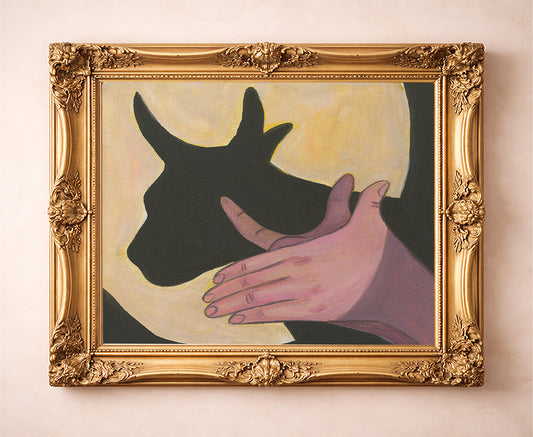 Bull Shadow Puppet cow art print by Caya Crum — in a gold frame