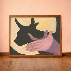 Bull Shadow Puppet cow art print by Caya Crum — horizontal room scene