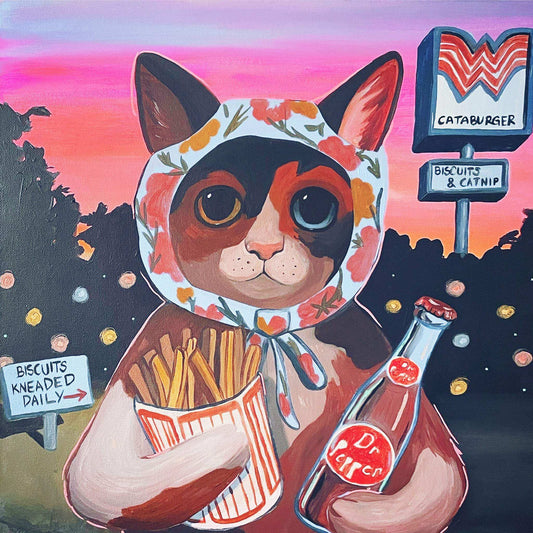 Cataburger Cat Print pop animal art by Caya Crum featuring a cat with fries and soda in colorful modern style