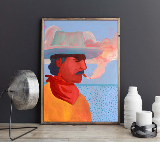 Smoking Cowboy Mack colorful Texas cowboy art print by Caya Crum on cotton rag paper